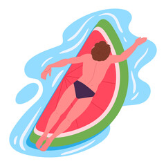 Man swimming on inflatable mattress. Guy swimming on watermelon shaped inflatable toy in swimming pool or sea flat vector illustration. Male character relaxing on melon rubber mattress