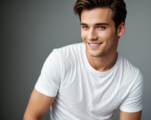 young man with a cheerful expression smiles brightly while wearing a crisp white shirt.