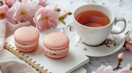 Pink Macarons and a Cup of Tea on a Notebook