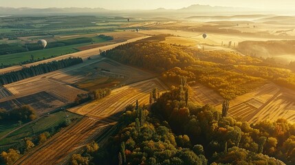   An aerial panorama depicting a sizable expanse of greenery interspersed with soaring balloons during midday