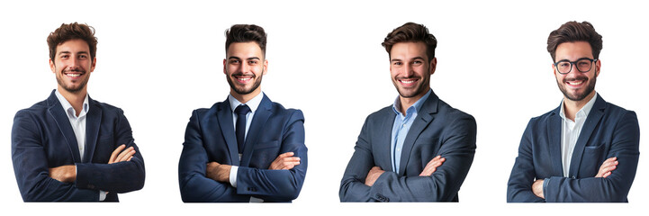 Set of young business man smiling and standing posing arms crossed, isolated on a transparent background