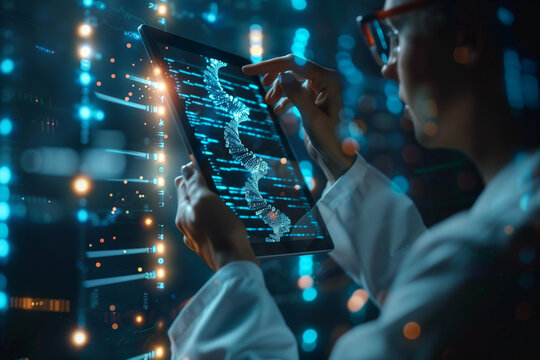 Doctor Accessing Electronic Medical Record on Tablet: Digital Healthcare and Network Connection on Holographic Interface - Powered by Adobe