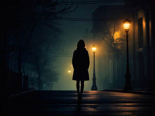 Woman walking alone at night, orange light lamp posts, dark city street