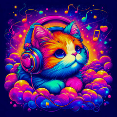 Vibrant colorful illustration of a cat wearing headphones listening to music