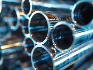 Fototapeta premium Shiny metal pipes in warehouse close-up