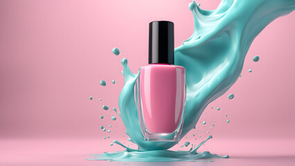 a pink nail polish bottle with a splash of blue liquid for beauty makeup concept