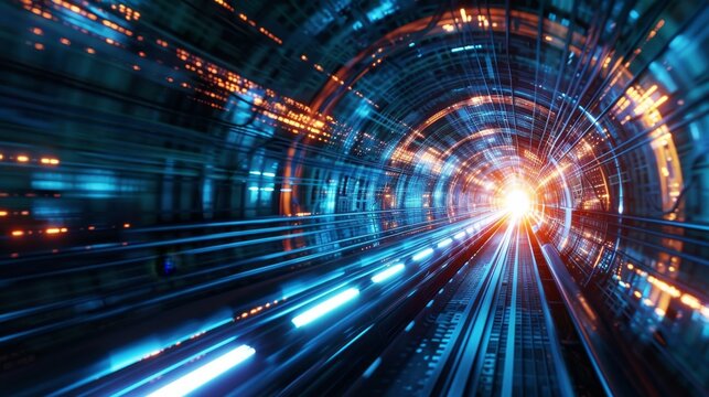 Futuristic digital network journey through sci-fi tunnel with pulsating light speeds