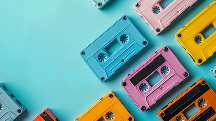 Colorful vintage audio cassette tapes arranged in a pattern on a blue background, representing retro music and nostalgia.