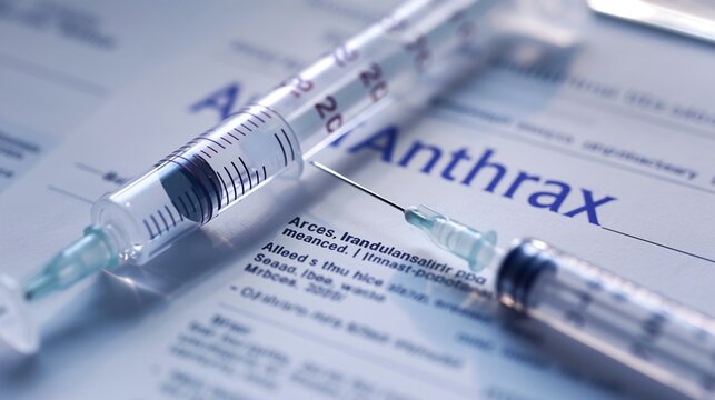 Close-up of medical syringes on an anthrax information sheet, highlighting healthcare and medical treatment with a focus on vaccination.