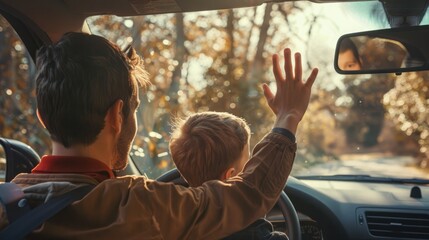 Tender moment of a man waving to a boy through the car window, encapsulating the emotions of a heartfelt goodbye. Guy waving to a boy