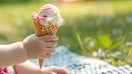 A close-up of a child's hand holding a delicious ice cream cone with sprinkles, enjoying a sunny day in the park on a picnic blanket.
