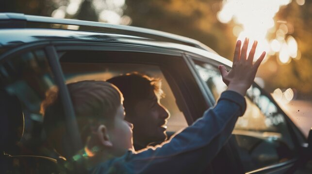 Emotional farewell as a man waves to a boy through the car window, highlighting a touching moment of parting and connection. Guy waving to a boy