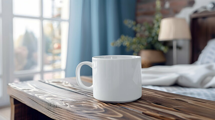 Mock up. White blank coffee mug standing on wooden bedside table near bed in cozy bedroom. Blank coffee cup mug mockup template PHOTOGRAPHY


 - Powered by Adobe