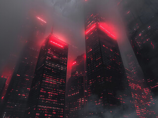 Futuristic Red Neon Skyscrapers in Fog