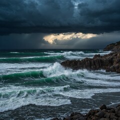 Fototapeta premium Dramatic seascape unfolds as tumultuous waves crash against jagged rocks under brooding sky. Break in clouds allows burst of sunlight to illuminate scene. Contrast between dark, stormy atmosphere.