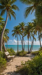Serene beach scene unfolds with wooden bench nestled among tall, swaying palm trees with lush green fronds. This bench faces calm, azure waters that meet clear blue sky at horizon.