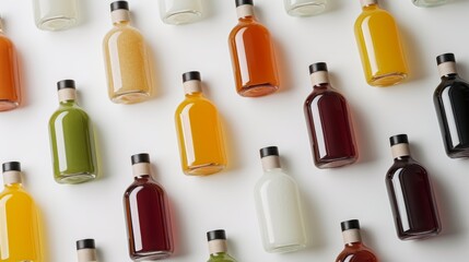Obraz premium Assorted glass bottles filled with colorful liquids, neatly arranged in a pattern on a white background.