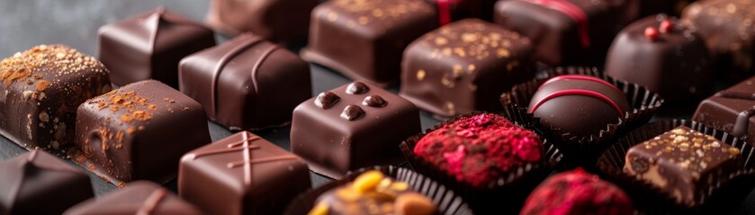 Assorted gourmet chocolates in a box, featuring a variety of flavors and fillings, perfect for gifts or indulgence. Close-up view.