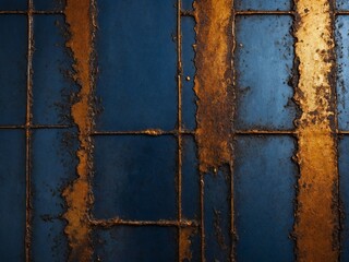 Metal surface, weathered by time, elements. Surface rusted, with remnants of blue paint clinging to it, creating contrast of colors, textures. Corrosion process has left unique pattern.
