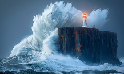 Majestic Lighthouse Amidst Towering Wave at Dusk: A Symbol of Resilience and Maritime Navigation