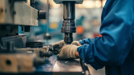 Close-up of a worker operating a machine in an industrial workshop, showcasing precision engineering and metalworking craftsmanship.