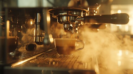 Close-up of an espresso machine steaming coffee into a cup in a cozy cafe setting, with warm, inviting lighting.