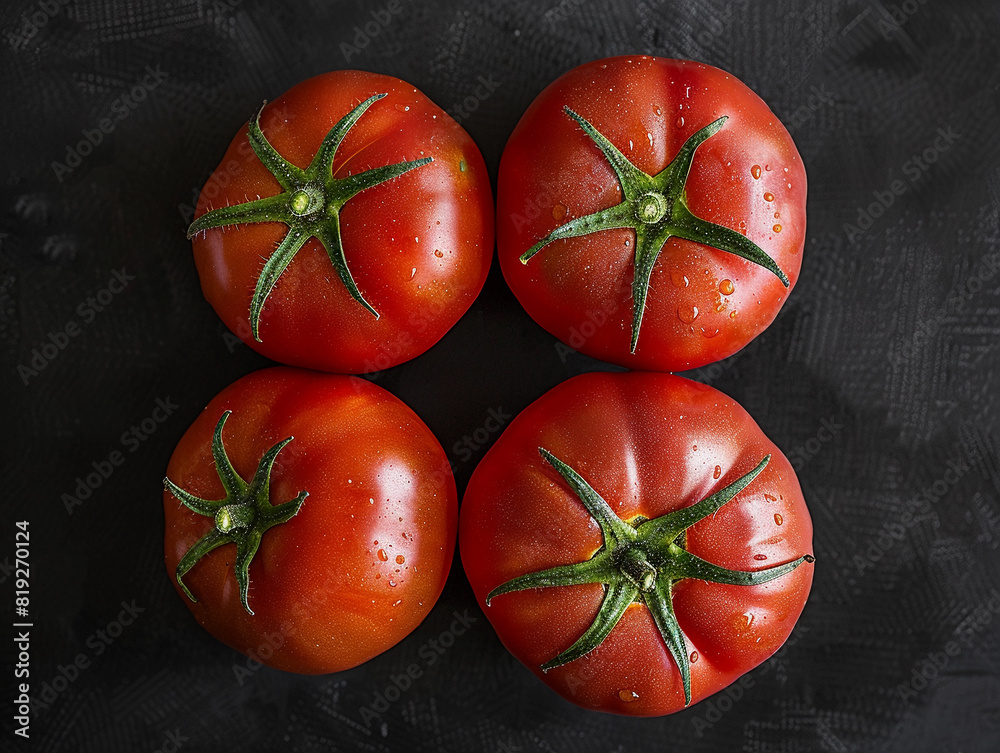 Poster Four fresh tomatoes on a black background, top view.