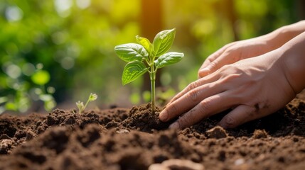 Hands carefully planting a young seedling in soil, symbolizing growth and nurturing in a sunlit garden environment.