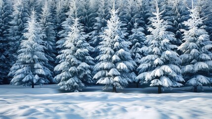 Pine trees in the forest covered with snow.