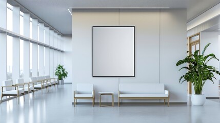 A mockup of an empty white poster on the wall in modern hospital waiting room with comfortable chairs and medical equipment. empty white blank poster on white wall in hospital, white board