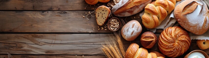 Various fresh breads and pastries arranged on a rustic wooden table, highlighting a vibrant assortment of baked goods for any bakery or home setting.