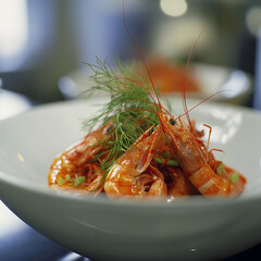 Gourmet Shrimp Dish with Fresh Herbs and Garnishes