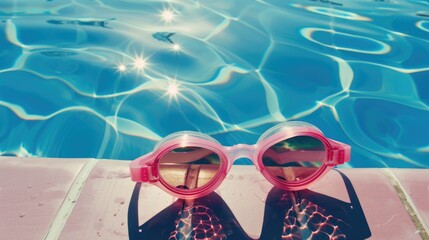 Naklejka premium Pink goggles and large swimming pool with copy space