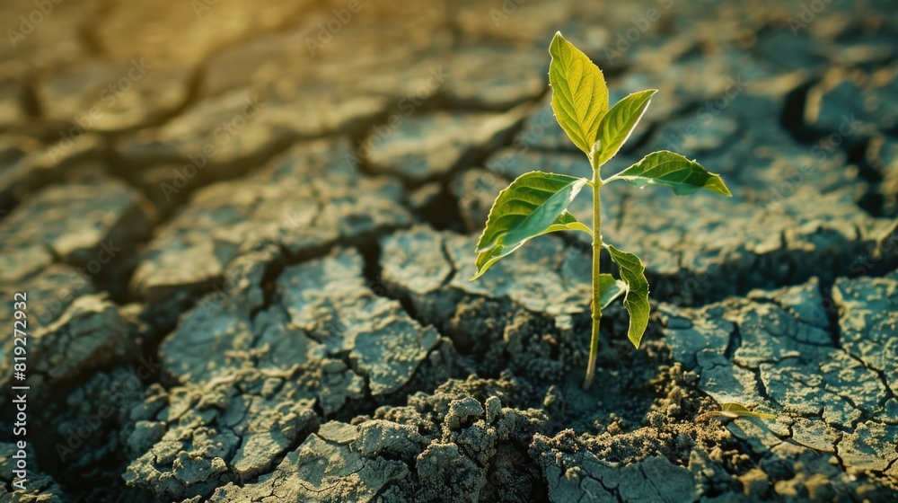 Wall mural Plant growing in dried cracked mud, the concept of nature taking over, and climate change