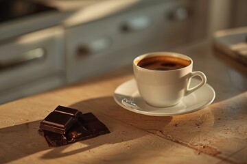 Warm cup of coffee with chocolate on a wooden table in sunlight.