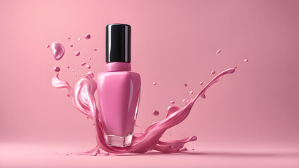 a pink nail polish bottle with liquid splashing for beauty makeup concept