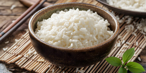 Perfectly Cooked White Rice in a Ceramic Bowl on Marble Background