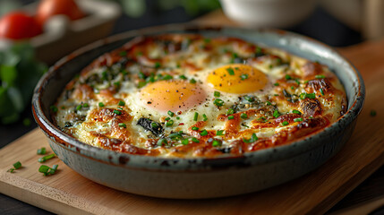 Gourmet Baked Eggs with Cheese and Spinach in Casserole Dish