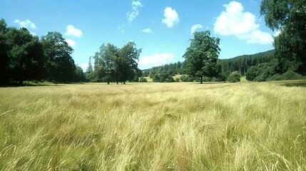 Fototapeta premium Tall grass field with trees and blue sky in background
