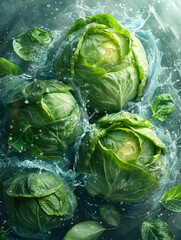 Obraz premium Fresh Cabbages Washed in Water Captured in Vibrant Detail