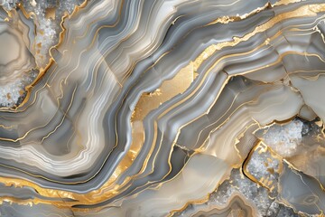 : A sophisticated 3D abstract marble  in shades of gray and gold, with flowing patterns that mimic resin geode art