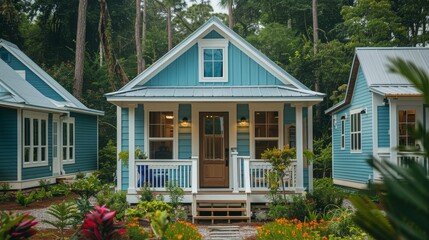Blue and White Tiny House in the Woods