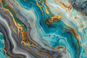 : A vibrant 3D abstract marble  featuring a mix of blue, turquoise, and gray hues, with golden veins running throughe