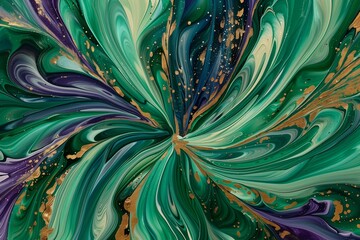 : An abstract masterpiece with swirling patterns of emerald green and royal purple, accented by flecks of gold grain.