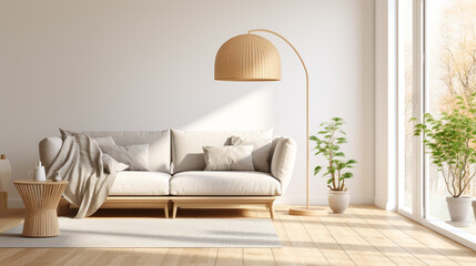A Scandinavian-inspired living room with light wood floors and white walls, showcasing a gray sofa, a rattan chair, and a floor lamp with a paper shade.