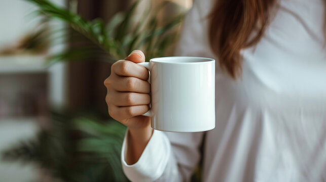 Close-up de uma caneca branca na m&atilde;o de uma mulher branca