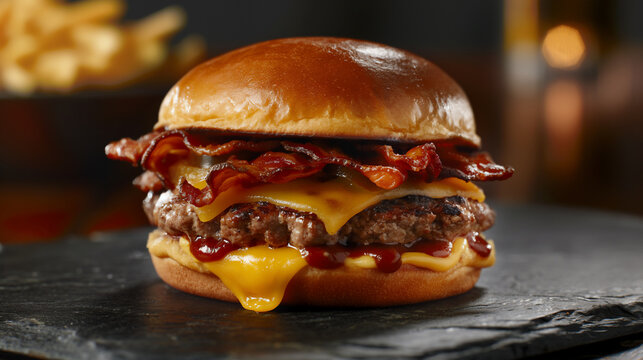 Close-up de um smash burger sobre uma superf&iacute;cie de pedra preta
