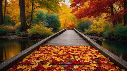A bridge over a river with autumn leaves on the ground. The leaves are red and orange, creating a warm and inviting atmosphere. The bridge is surrounded by trees