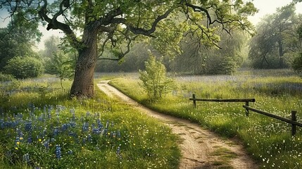 Fototapeta premium A dirt road traverses a vast field, dotted by a solitary tree and a quaint bench