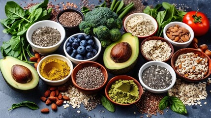   A variety of fruits, vegetables, and grains are arranged in small bowls on a blue surface, including broccoli, blueberries, avocado, almonds, spinach